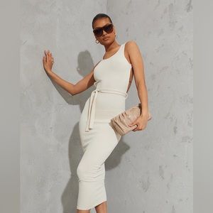 Pretty Little Thing - Cream Rib Cut Out Back Detail Tie Waist Midaxi Dress